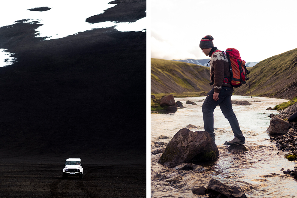 Jeep en wandelaar afgezonderd in de IJslandse wildernis