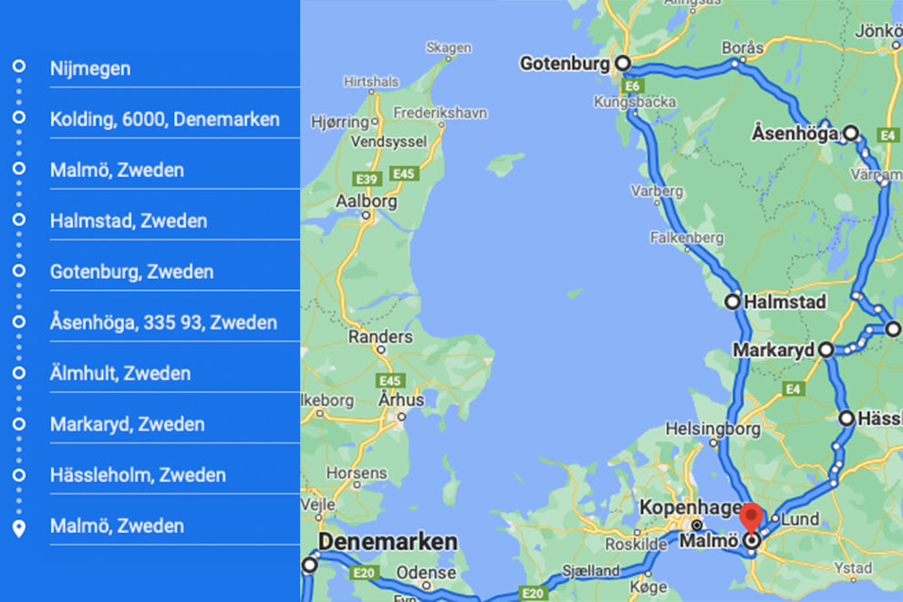 Kaart van roadtrip door Zweden