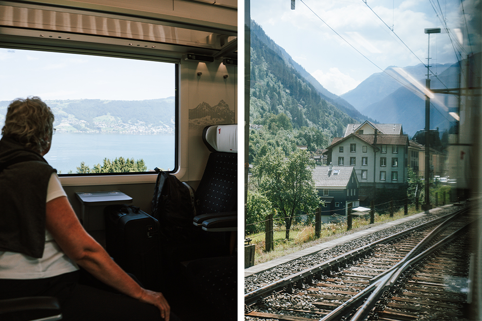 Vrouw kijkt naar buiten in trein door Zwitserland