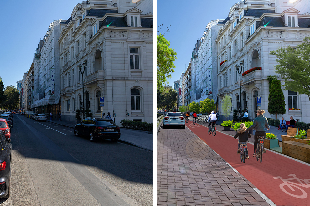 Voor en na beeld van weg die in fietsstraat